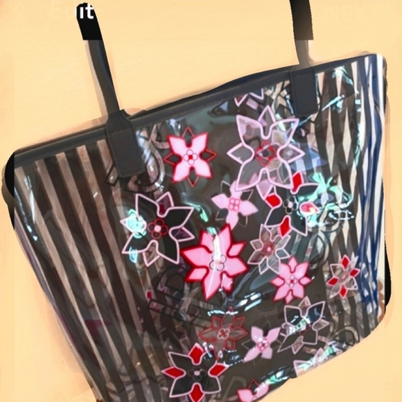 henri bendel Handbags - 🌸 Henri Bendel Pink Floral PVC Striped/Clear Tote Bag NWOT!